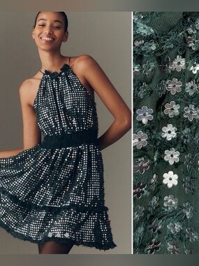 Anthropologie Somerset Shine Mini Halter Floral Sequin Dress Dark Green M NWT